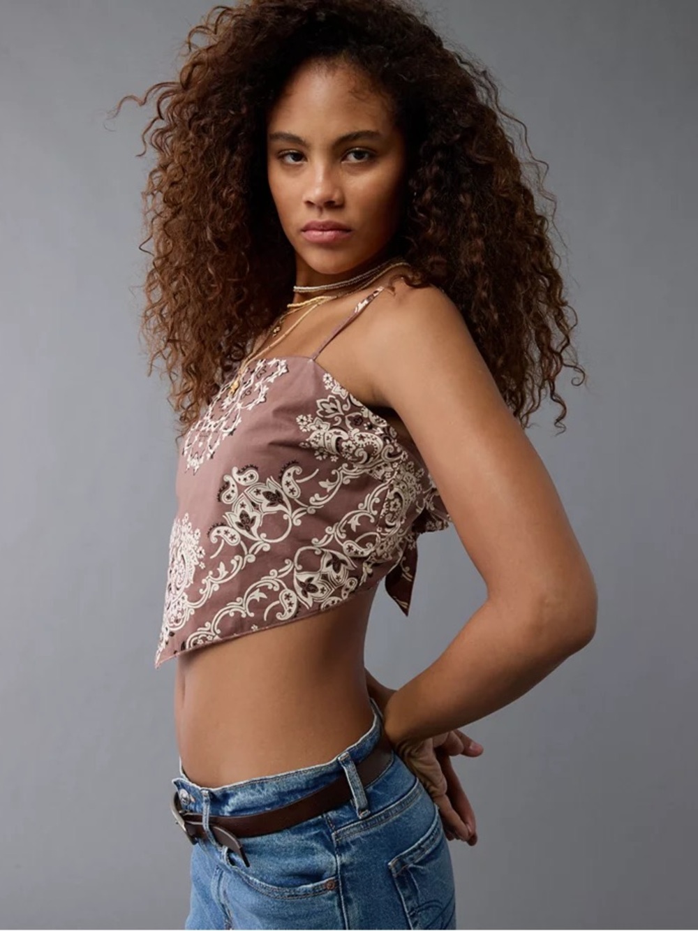 American Eagle Outfitters Brown Bandana-Print Tie-Back Crop Tank